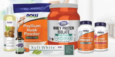 Variedad de suplementos NOW Foods disponibles en Aporte Natural, incluyendo productos para salud digestiva, deportiva y bienestar general.