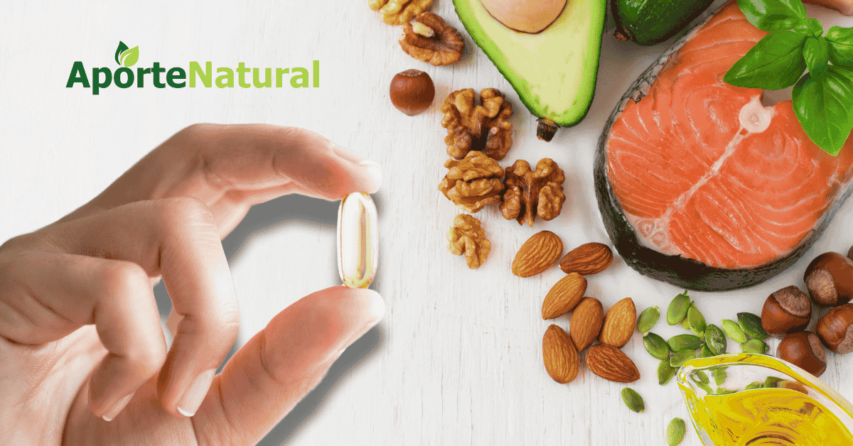 Plato con alimentos ricos en Omega 3 y cápsula de suplemento de Omega 3 de Aporte Natural.